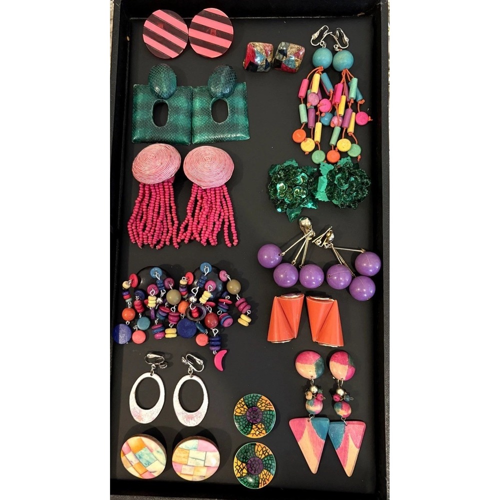 Vintage 80s 90s Lot 13 Pairs Statement Dangle Runway Pop Art Mod Clip Earrings